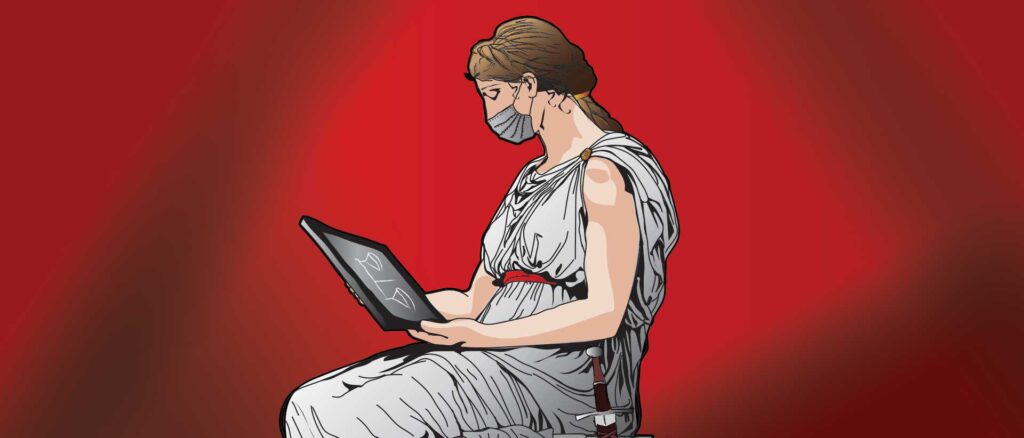 Justicia, Lady Justice wearing a COVID-19 mask and looking at a symbol of scales on a tablet.